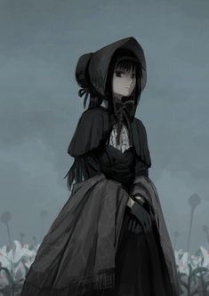 a drawing of a woman in a black dress and hood sitting on top of a flower field