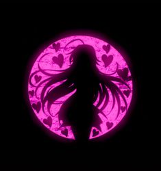 the silhouette of a woman with long hair in front of a pink moon and hearts