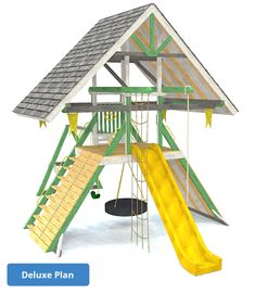 a children's play set with a slide and swings