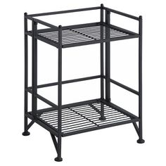 a black metal shelf with two shelves on each side and one shelf below the top