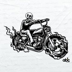 a drawing of a skeleton riding a motorcycle with flames coming out of the back tire