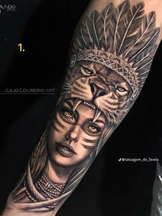 a woman with a lion head and feathers on her arm is featured in this tattoo