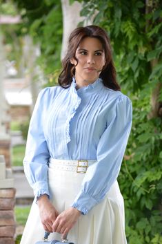 Ami Sky Blue Top Light Blue Cotton Tops For Semi-formal Occasions, Elegant Light Blue Collared Blouse, Luxury Blue Semi-formal Blouse, Chic Light Blue Button-up Blouse, Feminine Blue Button-up Blouse, Paris Model, Midsize Outfits, Fall Winter Dresses, Ankle Length Dress