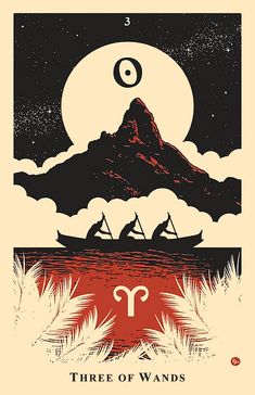 the three of wands tarot card in front of a mountain with two boats on it