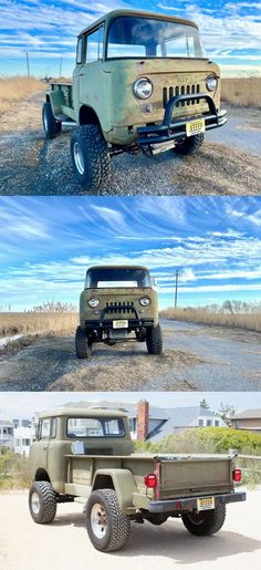 three different pictures of an old jeep and the same one in green, with blue skies behind them