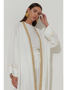 Gold Glittery Embroidery Edge White Textured Linen Kimono Perfect for Ramadan and Eid Versatile: Dress it up with white pants or dress it down with jeans Detachable Belt for Styling Options White Abaya, Eid Ideas, Embroidery Edge, Linen Kimono, For Ramadan, Versatile Dress, White Pants, Ramadan, Embroidery