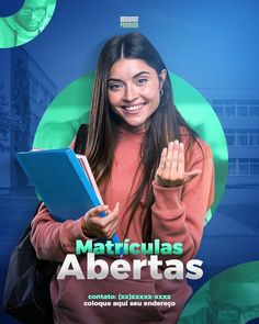 a woman holding a book in her hands with the words matriculars abertas on it