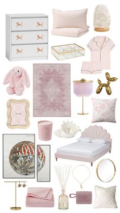 a collage of pink and gold items including a bed, dresser, mirror, lamp, lampshade