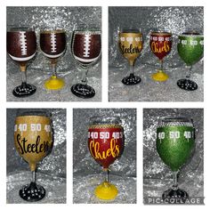 four wine glasses with different colors and designs on them, all decorated in the same style