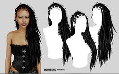 a woman with long black dreadlocks standing in front of a mannequin