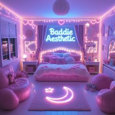 a bedroom decorated in pink and white with lights on the walls, bedding and furniture