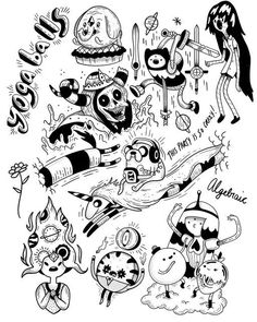 an ink drawing of various cartoon characters