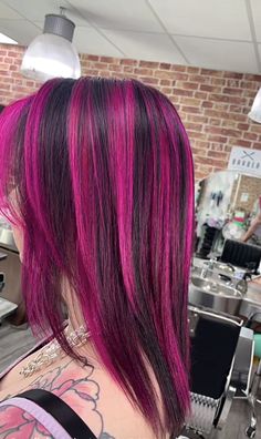 Coloured Chunky Highlights, Chunky Magenta Highlights, Hot Pink Hair Streaks Brunette, Skunk Dyed Hair Pink, Red Pink And Black Hair, Pink Hair Black Highlights, Hot Pink Chunky Highlights, Hair Color Ideas Pink Highlights, Hot Pink Hair Highlights