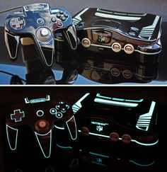 two different pictures of video game controllers in the dark and on the right, there is an image of a remote control