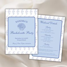 a blue and white seashell themed wedding party card with the wording underneath it