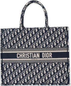 Luxury Blue Canvas Bag, Luxury Blue Bag With Embroidered Logo, Luxury Blue Bags With Embroidered Logo, Blue Shopping Bag With Embroidered Logo, Christian Dior Book Tote, Dior Book, Book Tote Bag, Dior Logo, Dior Book Tote