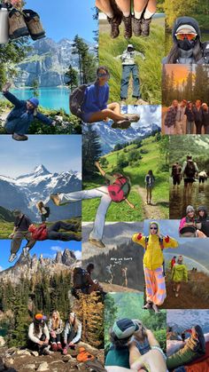 a collage of photos with people and mountains in the background, one person is holding his hands up