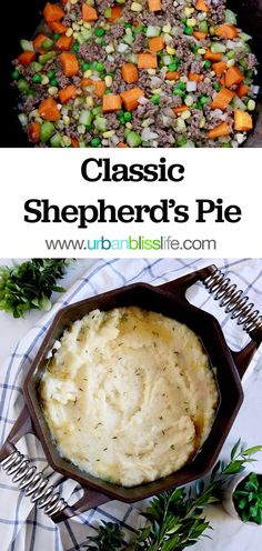 two pictures showing different types of shepherd's pies and the same one in a cast iron skillet