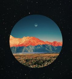 an image of mountains in the distance with a moon and stars above them, as seen through a circular lens