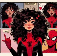 spider - man and woman with black hair are in an animated comic strip, one has her hand up to the camera