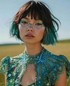 a woman with green hair and glitter on her face is standing in the middle of a field