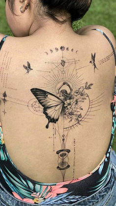 the back of a woman's neck with tattoos on it and butterflies flying around