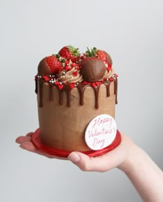 a hand holding a chocolate cake with strawberries on top