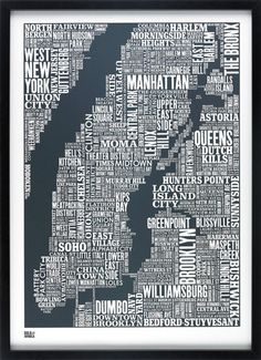 a framed black and white map of new york, with the words in different languages