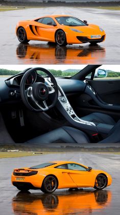 an orange sports car is shown in three different views