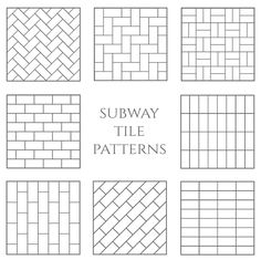 the subway tile patterns are shown in black and white, with text that reads subway tile patterns