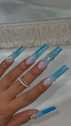 White Nails With Blue Gems, White Nails Blue Gems, Blue And White Long Nails, Blue Long Nails, Blue Long Acrylic Nails With Diamonds, Blue Tapered Square Nails Long, Square Nail Designs, Gel Nails Diy