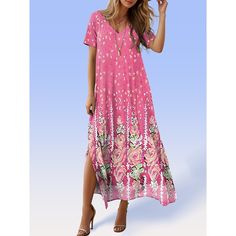 Season:Summer; Fabric:Polyester; Sleeve Length:Short Sleeve; Look After Me:Machine wash; Gender:Women's; Style:Boho; Elasticity:Micro-elastic; Occasion:Vacation; Fit Type:Loose Fit; Dresses Type:Casual Dress; Pattern:Floral; Design:Print; Neckline:V Neck; Front page:FF; Listing Date:03/08/2024; Bust:; Length:; Waist:; Fit US Size:; Fit UK Size:; Fit EU Size:; Dress Length Type:Long Dress Maxi Dress; Print Type:Print Summer Shift Maxi Dress, Casual Boho Print Beach Dress For Summer, Summer Boho Sundress With Short Sleeves, Bohemian Non-stretch Short Sleeve Maxi Dress, Pink Printed Summer Beach Dress, Pink Printed Beach Dress For Summer, Pink Bohemian Maxi Dress For Vacation, Casual Printed Short Sleeve Boho Dress, Casual Short Sleeve Boho Printed Dress