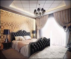 a bed room with a neatly made bed and a chandelier