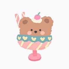 a brown teddy bear sitting in a cup with candy on it's head and wearing a bow tie