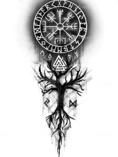 a drawing of a tree with two faces in the middle and an image of a compass above it