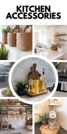 the kitchen accessories are arranged in four different pictures, including baskets and jars on shelves