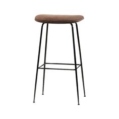 the backless bar stool with a brown seat and metal frame, against a white background