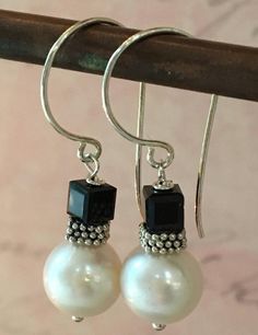 Freshwater Pearl and Swarovski Black Cube Earrings on Sterling | Etsy Elegant Hypoallergenic Round Bead Earrings, Elegant Pearl Drop Earrings With Round Beads, Elegant Round Pearl Earrings For Anniversary, Elegant Hypoallergenic Round Pearl Earrings, Elegant Nickel-free Jewelry With Round Beads, Elegant Nickel-free Pearl Earrings, Elegant Beaded Pearl Earrings As Gift, Elegant Beaded Pearl Earrings For Gift, Elegant Beaded Pearl Earrings