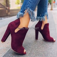 VCSHOES Women Peep Toe Suede Leather Chunky Heel Short Boots Cut-out Thick High Heel Ankle Booties as picture-5 Trendy Open Toe Heels For Fall, Summer Platform Ankle Boot Heels, Trendy Burgundy Heels For Fall, Casual Burgundy Party Heels, Chunky High Heels, High Heel Boots Ankle, Red Suede, Fall Shoes, Short Boots