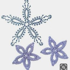 two crocheted snowflakes are shown on a white background, one is blue and the other is purple