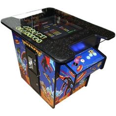 an old school arcade game machine with the lid open and it's lights on