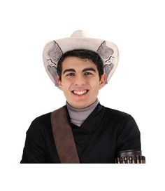 This off-white leather-like (polyester) Cowboy Cowgirl Hat with grey Inlaid Angel Wings is perfect for school events, rodeos, hoe-downs, concerts, barn parties, festivals, theme parties, cosplay, Halloween and more! The edges of the hat are turned up lightly and the fabric is designed to be still to hold its shape. Fits most adults and may fit larger teens. Other costumes and accessories are sold separately on our page – subject to availability. White Adjustable Western Costume Hats And Headpieces, Adjustable White Western Costume Hats And Headpieces, Adjustable White Western Costume Hat, Western White Costume Hats And Headpieces For Rodeo, White Western Rodeo Costume Hat, White Costume Hat For Western-themed Events, White Western Costume Hats And Headpieces, Western White Costume Hats For Country Events, White Western-themed Costume Hat