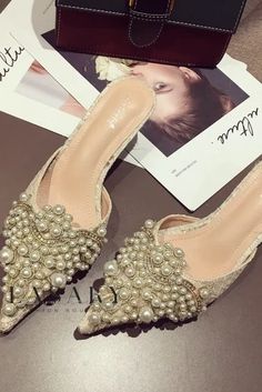 Lasaky - Pearl-embellished Stiletto Heel Mule Shoes with Lace Detailing Pearl Slippers, Dress Mules, Bota Over, Pearl Shoes, Pearl Sandals, Black Flats Shoes, Embellished Heels, Designer Slippers, Point Shoes