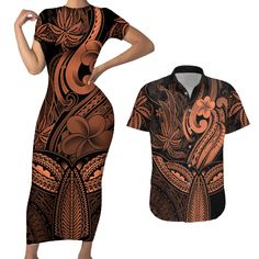 polynesia-couples-matching-short-sleeve-bodycon-dress-and-hawaiian-shirt-whale-tale-and-polynesian-sunset-plumeria-gold Whale Tale, Button Shirts, Short Sleeve Bodycon Dress, Sleeve Bodycon Dress, Couples Matching, Tailored Shirts, Matching Couples, Button Shirt, Summer Shirts