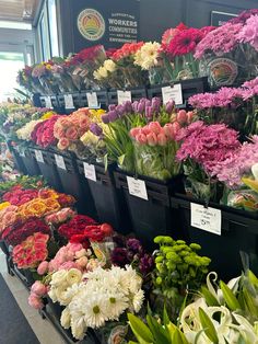 many different types of flowers on display at a flower shop with price tags attached to them