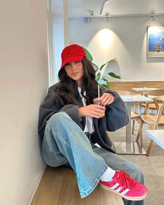 emilysupit Red Gazelle Adidas Outfit, Red Adidas Outfit, Red Gazelle, Red Hat Outfit, Red Sneakers Outfit, Gazelle Outfit, Red Shoes Outfit, Looks Adidas, Adidas Outfit Shoes