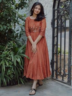 Buy Brown Hand Embroidered Chanderi Dress | BLSM02/SBUS1 Hands Models For Long Frocks, Cotton Frocks For Women, Frocks For Women Party, Long Frock Models, One Piece Dress Design, Long Frocks For Women, Frock Designs For Women, Chanderi Dress