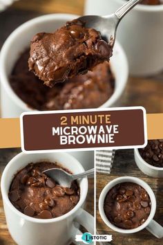 two mugs filled with chocolate brownie and one has a spoon in it