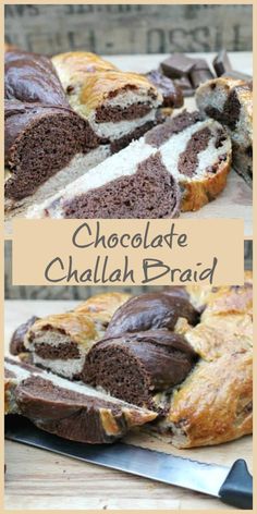 chocolate challah bread is cut in half and ready to be eaten