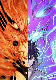 two anime characters, one with an evil face and the other with fire in his eyes